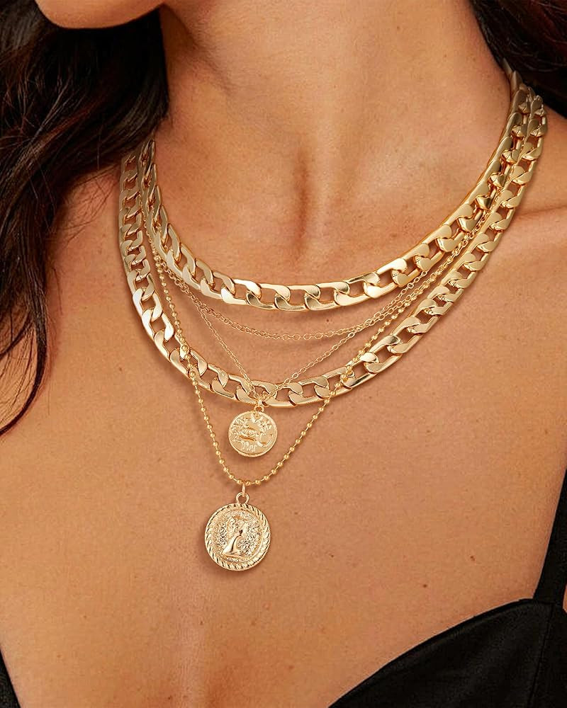 MJartoria Layered Necklaces for Women Trendy Retro Coin Pendant Necklace Dainty Chunky Chain Necklaces for Jewelry Birthday Gifts | Amazon (US)