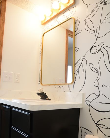 Gold Bathroom Mirrors with faux black and white wallpaper. Cheap bathroom decor | Gold bathroom mirrors | Mixed metals bathroom

#LTKhome #LTKunder100