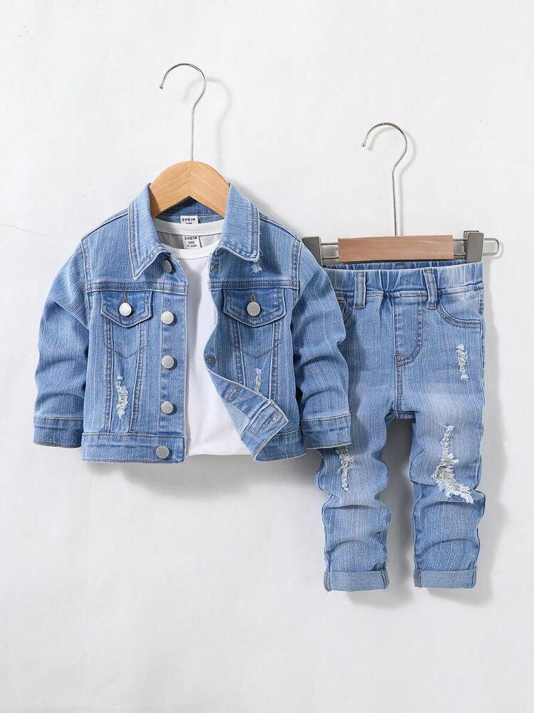 SHEIN Baby Boys 2pcs/Set Casual Ripped Frayed Lapel Long Sleeve Denim Jacket And Ripped Frayed Hi... | SHEIN