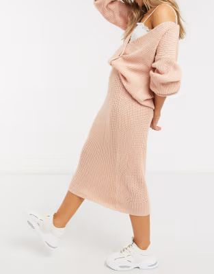 In The Style x Lorna Luxe copenhagen ribbed midi skirt in blush | ASOS (Global)