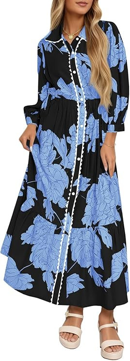 Wenrine Womens Maxi Shirt Dress Casual Floral Collared 3/4 Long Sleeve Drawstring Waist Fall Butt... | Amazon (US)