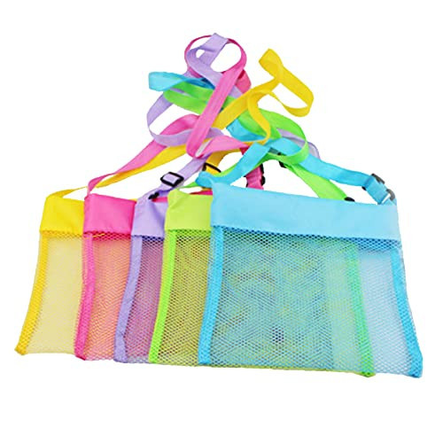 LEMAXELERS 5-PCS Colorful Mesh Beach Bag Shell Collecting Bag Toy Holding Shells with Adjustable Carrying Straps Beach Bags for Kids (5-Pack) | Amazon (US)