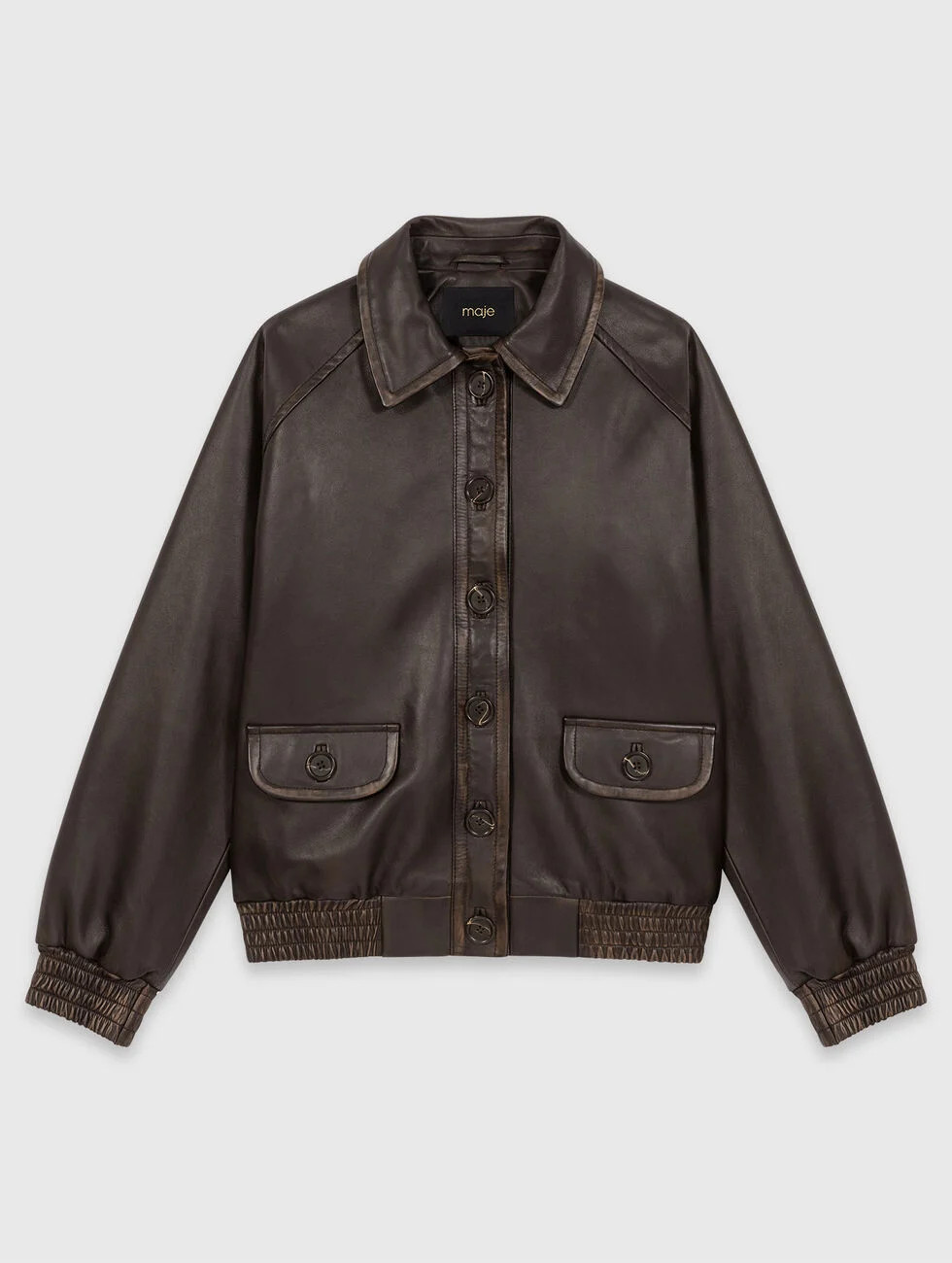 Blouson court en cuir marron pour femme | Maje | Maje EU