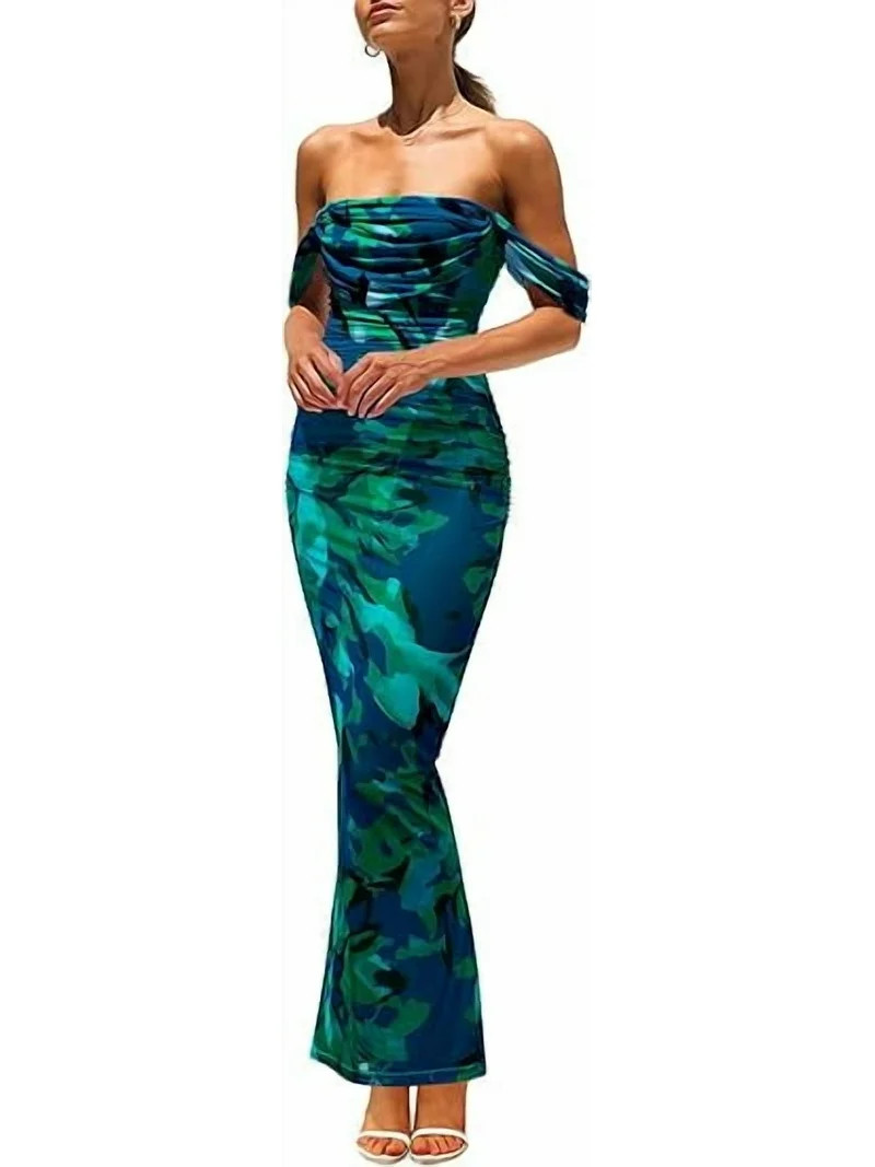 PRETTYGARDEN Women's Floral Maxi Dress 2025 Summer Off Shoulder Mesh Elegant Cocktail Party Ruche... | Walmart (US)