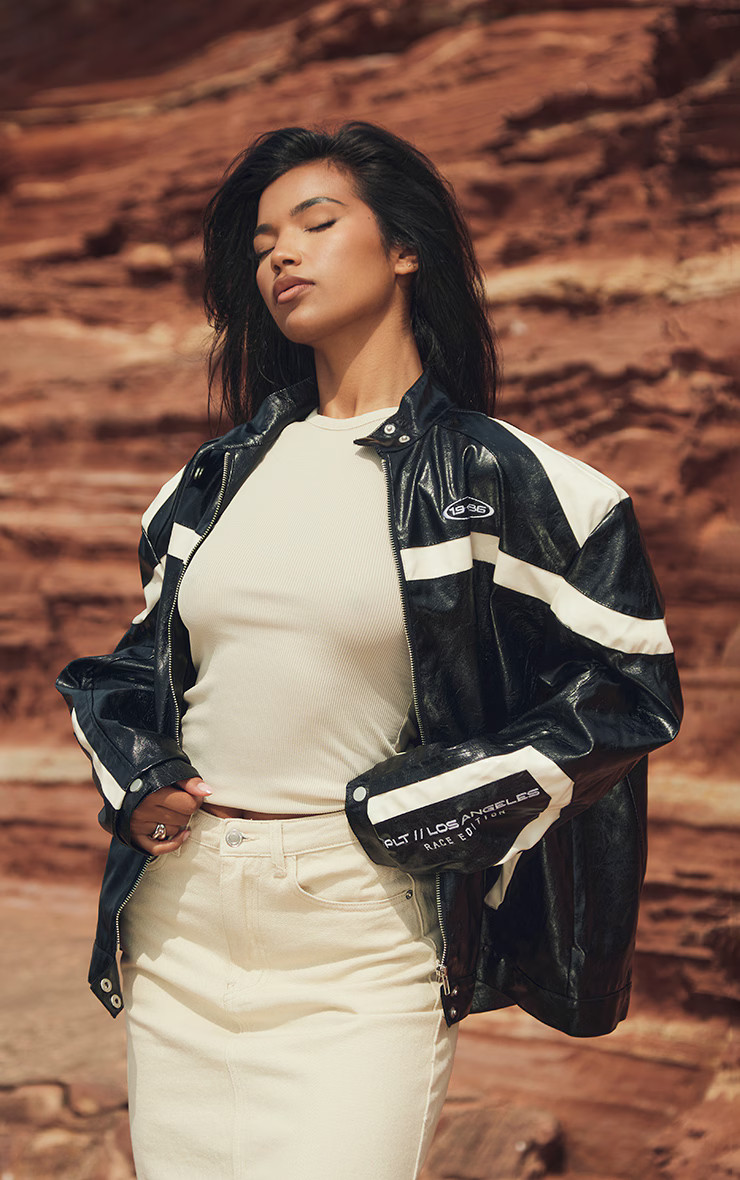 Black Distressed Faux Leather Racer Jacket | PrettyLittleThing US