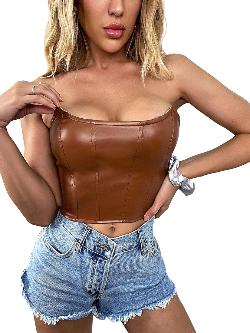 Milumia Women PU Faux Leather Tube Top Strapless Sleeveless Zip Back Crop Top | Amazon (US)