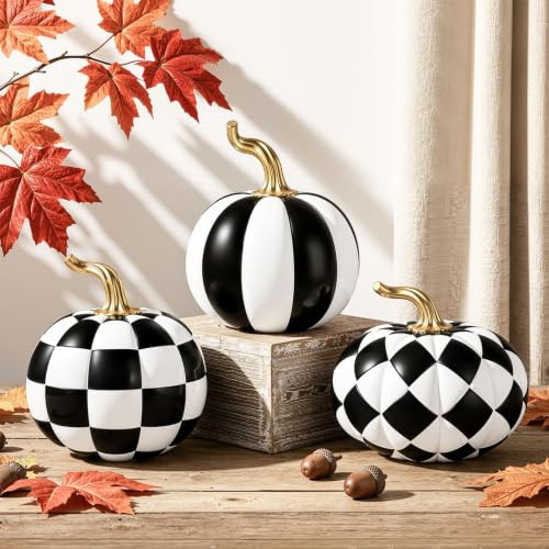 3 Pcs Black and White Pumpkins Fall Checkered Pumpkin Halloween Decor | Amazon (US)