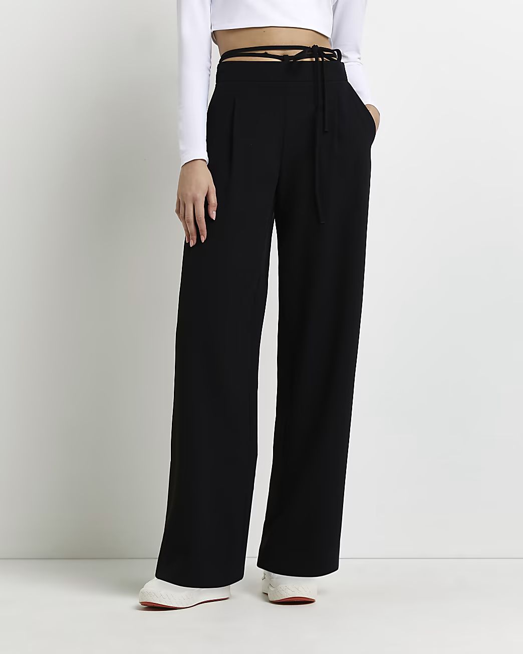 Black tie waist wide leg trousers | River Island (UK & IE)