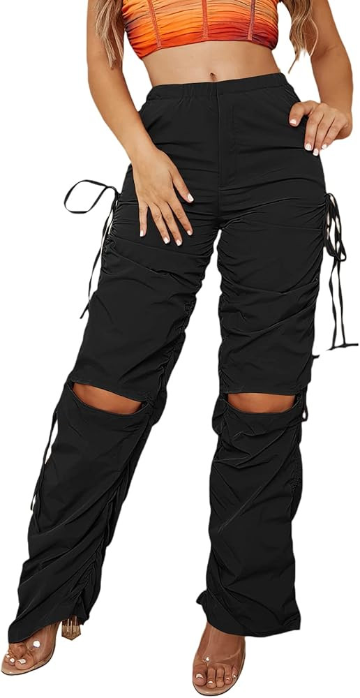 MakeMeChic Women's Casual Elastic Waist Cut Out Drawstring Side Striaght Leg Pants | Amazon (US)