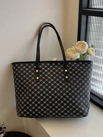 Large Shoulder Tote Bag Geometric Pattern Studded Decor, Black and white color contrast, rivet de... | SHEIN