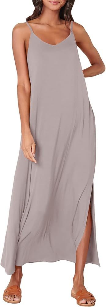 ANRABESS Women's Summer Spaghetti Strap V Neck Casual Loose Backless Slit Maxi Beach Sun Dress | Amazon (US)