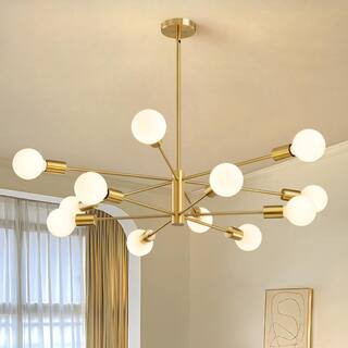 12-Light Height Adjustable Mid-Century Ceiling Light Gold Metal Modern Linear Sputnik Chandelier ... | The Home Depot
