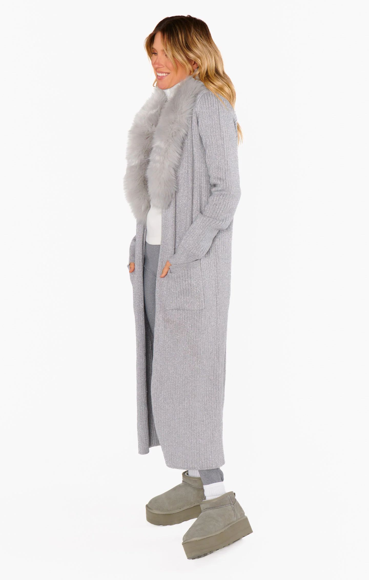 Lombardi Long Cardi ~ Silver Rib Knit with Faux Fur | Show Me Your Mumu