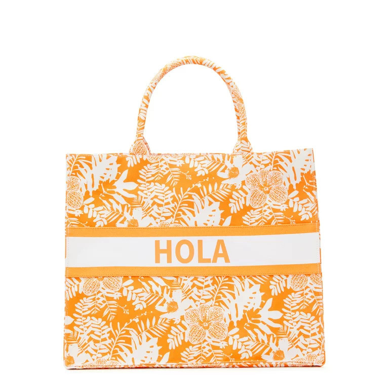 No Boundaries Women's Hola Canvas Print Beach Tote Handbag, Orange Sherbet | Walmart (US)