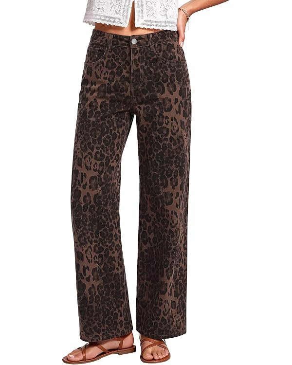 luvamia Wide Leg Jeans for Women High Waisted Leopard Cheetah Denim Pants | Amazon (US)