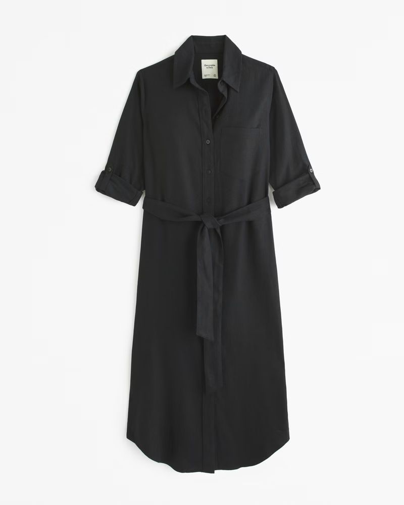 Abercrombie & Fitch Women's Linen-Blend Midi Shirt Dress in Black - Size XS TALL | Abercrombie & Fitch (US)