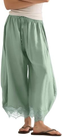 PUWEI Women's Cropped Lace-Hem Pants High Waisted Drawstring Wide Leg Pants Casual Lightweight Tr... | Amazon (US)