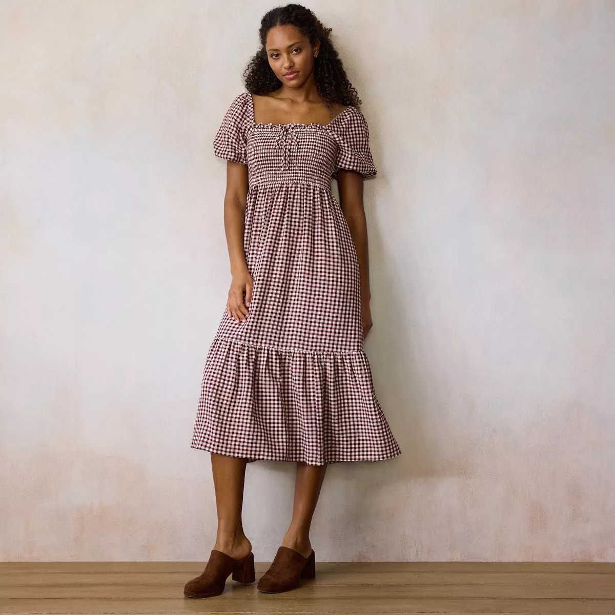 Women's LC Lauren Conrad Smocked Bodice Bubble Sleeve Midi Dress, Size: XXL, Red Mica Plaid | Kohl's