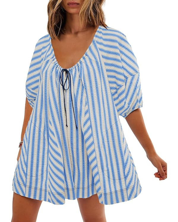 SENSERISE Womens Striped Romper Puff Sleeve Mini Shorts Romper Dress Beach Vacation Outfits with ... | Amazon (US)