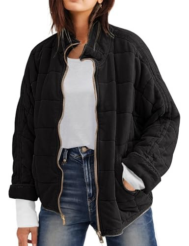 Wefebi Womens Dolman Quilted Lightweight Jackets Full-zip Stand Collar Loose Warm Winter Outwears with Pockets(0003-Black-L) | Amazon (US)