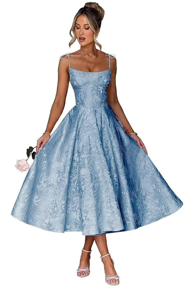 Jacquard Floral Satin Prom Dresses for Women 2025 Spaghetti Straps A-Line Midi Formal Evening Par... | Amazon (US)