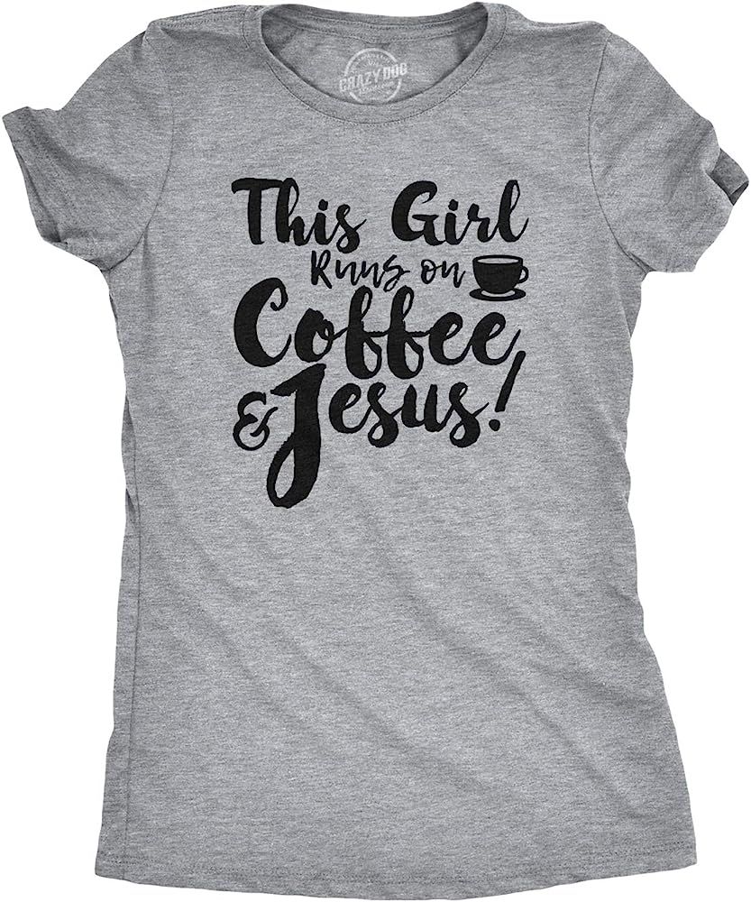 Womens This Girl Runs Off Coffee and Jesus T Shirt Funny Faith Church Cool Tee | Amazon (US)