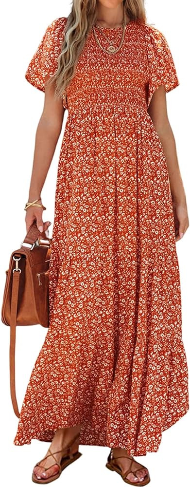 PRETTYGARDEN Women's 2024 Summer Casual Flutter Short Sleeve Boho Floral Maxi Dress Crew Neck Smo... | Amazon (US)