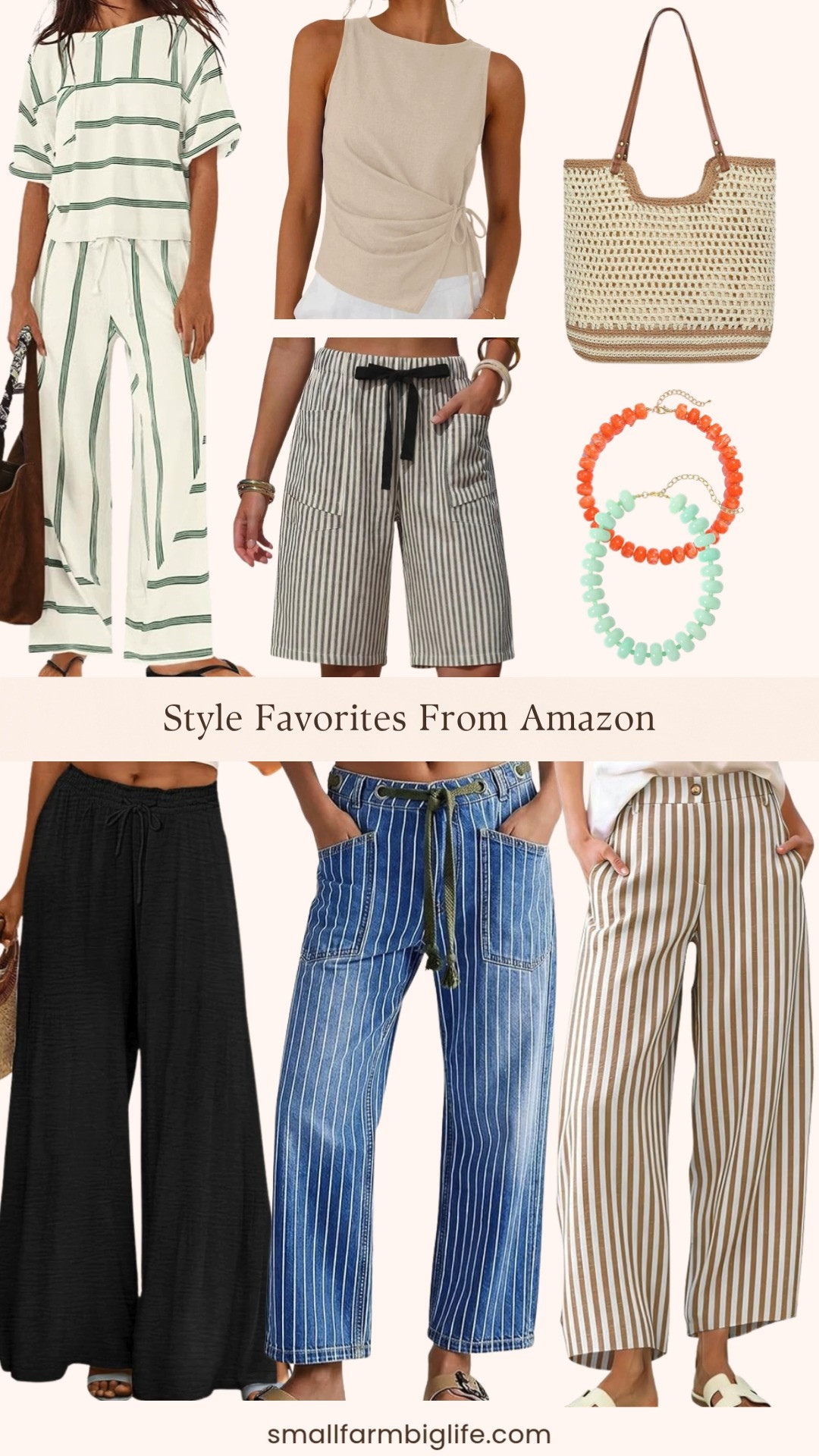 Stripes, wide leg pants, and chunky beaded necklaces are three of my favorite summer trends right now and Amazon is delivering on all of them. The blue pinstripe barrel jeans, the tan and white stripe palazzo pants, and the green and cream striped lounge set are all so easy to style and comfortable enough to wear all day. The black flowy wide leg beach pants and the faux linen Bermuda shorts are two more great options for a casual summer look that still feels put together. Layer on the mint green or orange chunky beaded necklace for a pop of color, grab the crochet beach bag, and you have a complete summer outfit for so much less than you would expect. Tap to shop! 

 #LTKgrwm #LTKootd #LTKOver40