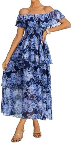 Simplee Womens Floral Wedding Guest Dress Spring Summer 2026 Chiffon Boho Off Shoulder Smocked Ti... | Amazon (US)