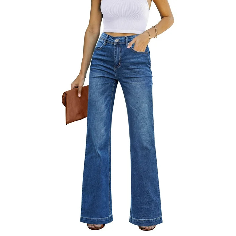 Vetinee Women's Junior Basic Flare Jeans Casual High Waisted Wide Leg Fitted Jeans Size L Fit Siz... | Walmart (US)