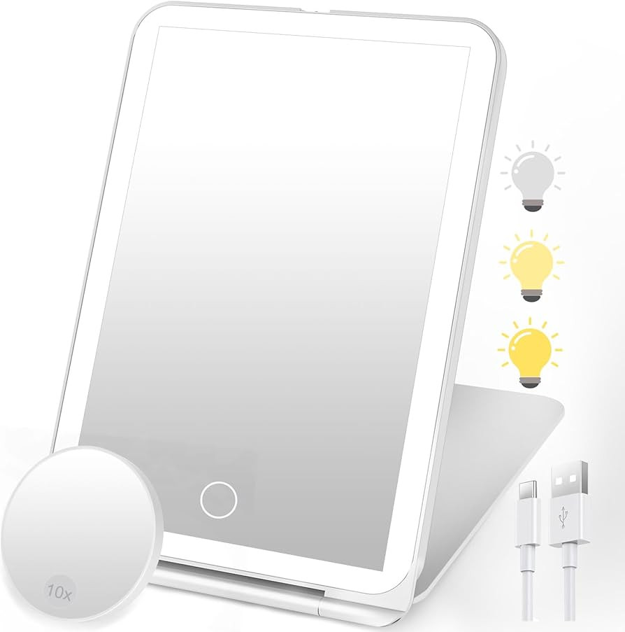 SURFOU Kosmetikspiegel mit Beleuchtung, Wiederaufladbar, faltbar & Ultraschlanker, 3 dimmbare Lic... | Amazon (DE)