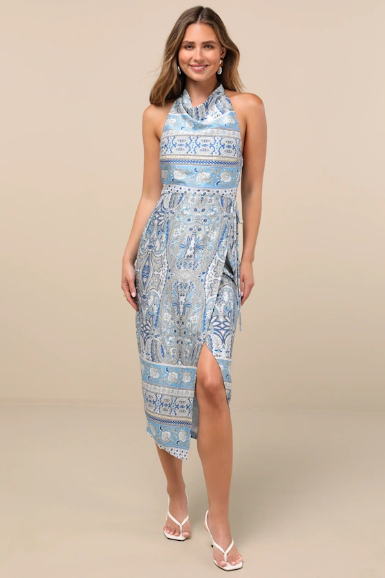 Radina Blue Paisley Print Satin Halter Midi Wrap Dress | Lulus