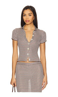 Calle Del Mar Micro Stripe Short Sleeve Cardigan in Chocolate Stripe from Revolve.com | Revolve Clothing (Global)