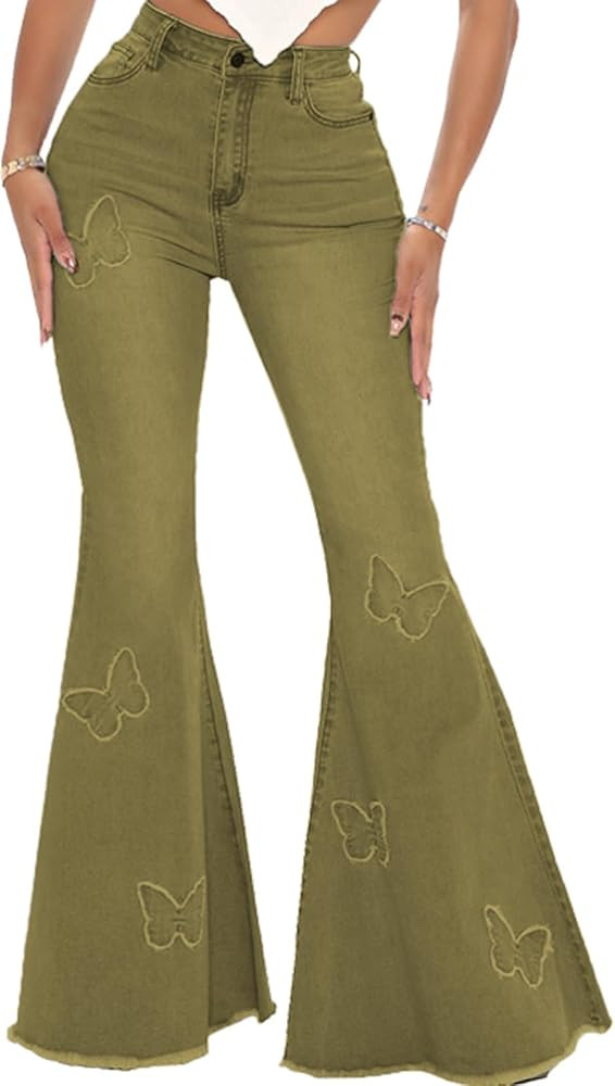 Women's Butterfly Bell Bottom Jeans Elastic High Waisted Embroidered Classic Flareed Jeans Raw He... | Amazon (US)