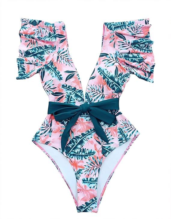 Telaura One Piece Flounce Swimsuit Women Ruffle Floral Print Monokini | Amazon (US)