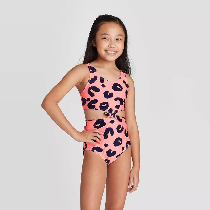 Girls' Tie-Front Animal Print One Piece Swimsuit - art class™ Pink | Target