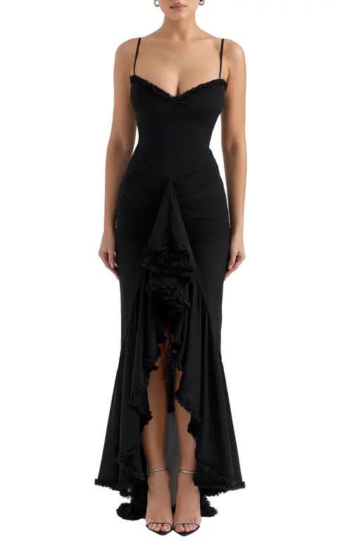 HOUSE OF CB Gabbi Ruffle Front Gown in Black at Nordstrom, Size X-Small | Nordstrom
