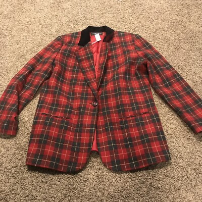 Sag harbor woman’s size 12 wool blend plaid blazer 1 button b9 | eBay US