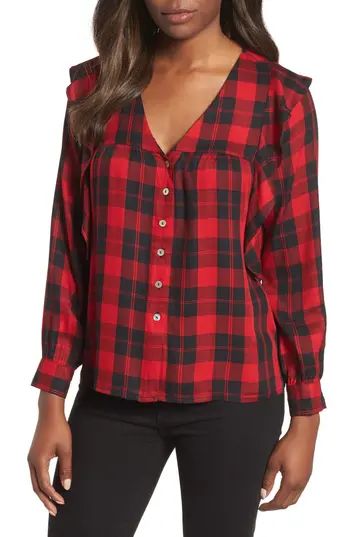Women's Bobeau Ruffled Plaid Shirt, Size X-Large - Red | Nordstrom