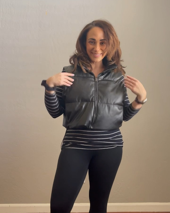 Love this cropped faux leather puffer vest from Nsale! I’m wearing a size Medium, and feels roomy. I would size down unless you plan to wear with a thick sweater underneath. Zella leggings in size Medium


#LTKFindsUnder50 #LTKxNSale #LTKSaleAlert