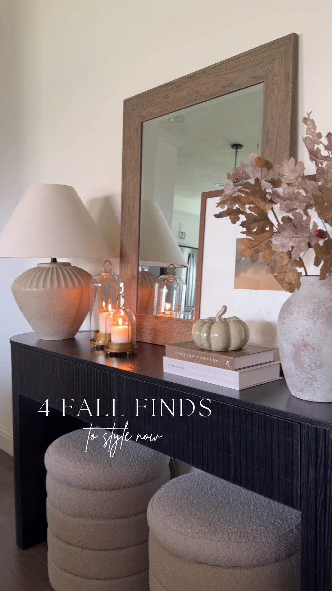 A few simple finds to ease into fall 🍂 I styled my console with earthy oak branches, neutral books, a ceramic pumpkin, and brass accents for a subtle seasonal refresh.

#LTKHome #LTKSeasonal