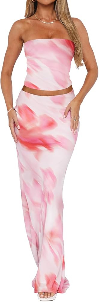 Goafuliy 2 Piece Skirt Sets for Women Summer, Floral Sleeveless Tube Top Bodycon Maxi Skirts Y2k ... | Amazon (US)