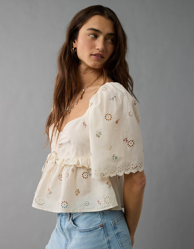 AE Flutter Sleeve Eyelet Babydoll Blouse | American Eagle Outfitters (US & CA)