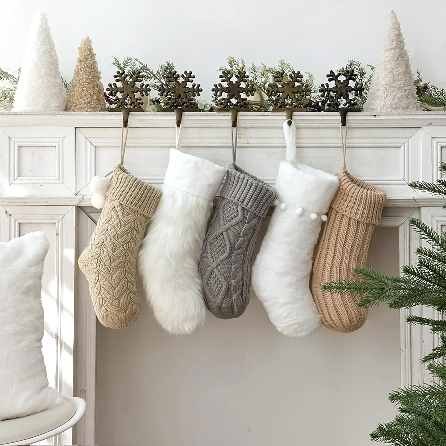 Christmas Stockings: 5 Pack Farmhouse Plush Faux Fur & Cable Knitted Fireplace Xmas Stockings, Ha... | Amazon (US)
