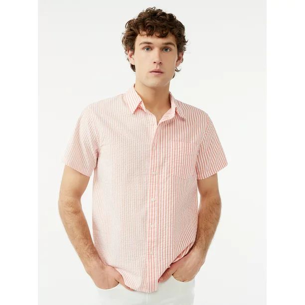 Free Assembly Men's Seersucker Stripe Shirt with Short Sleeves - Walmart.com | Walmart (US)