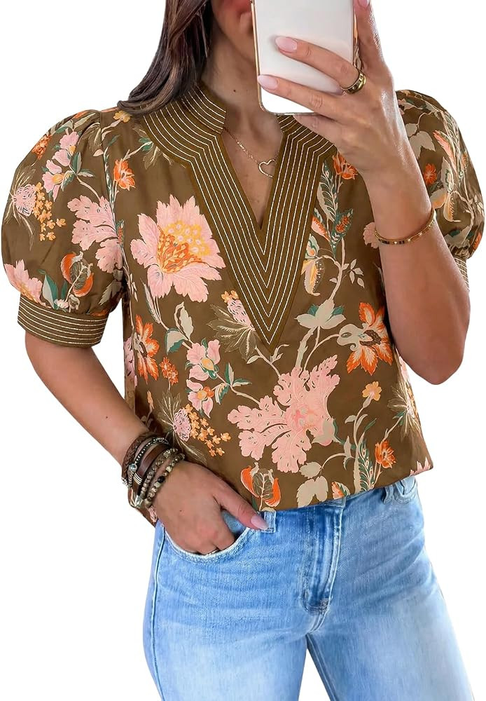 Cicy Bell Womens Puff Short Sleeve Blouses Summer Casual Dressy V Neck Contrast Stitch Tops Loose... | Amazon (US)