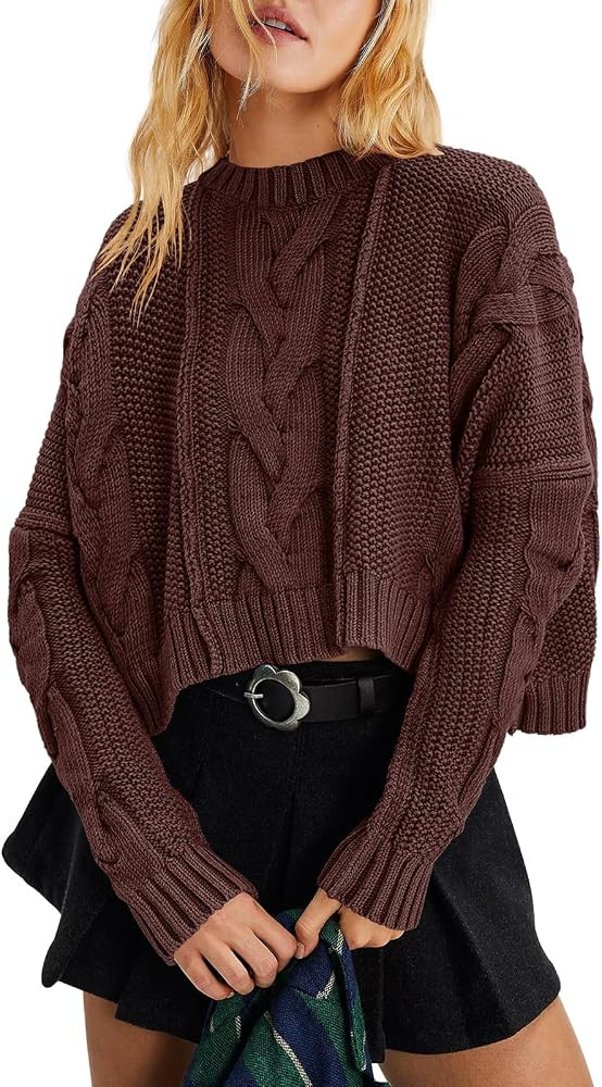 Panadila Womens Cropped Sweater Crew Neck Cable Knit Sweater Ribbed Long Sleeve Top Soft Boxy Pul... | Amazon (US)