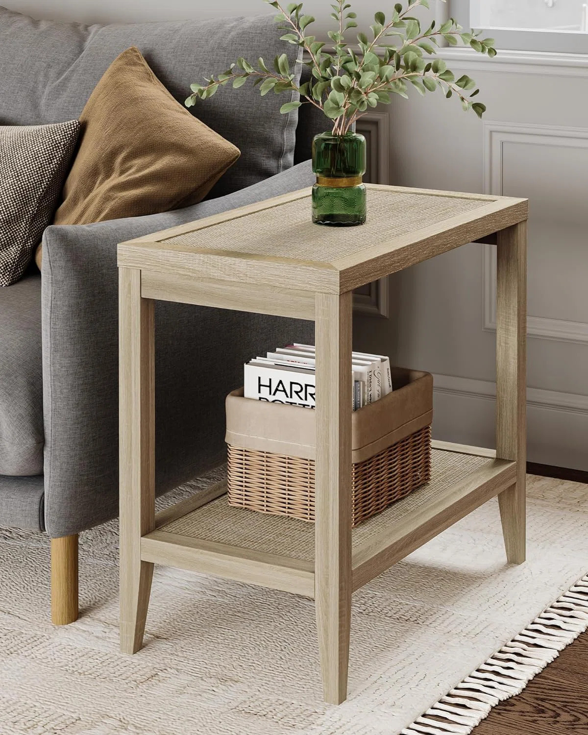 Boho Rattan Nightstand Bedside Table - Farmhouse Narrow Accent End Table With 2 Open Rattan Shelv... | Wayfair North America