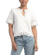 Elbow Sleeve Split Neck Boxy Top With Eyelet Embroidery Detail | TJ Maxx