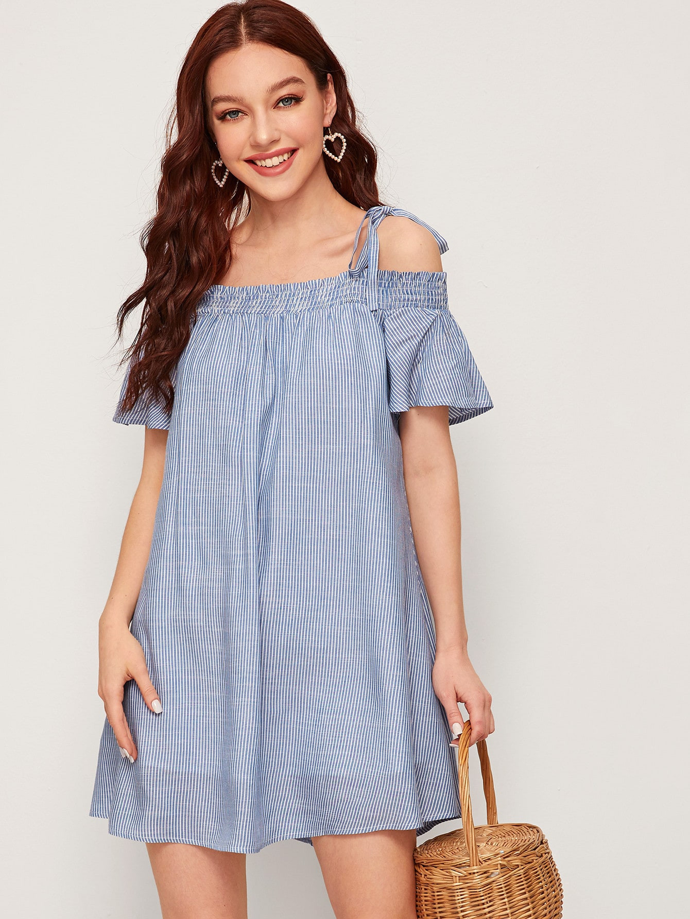 Striped Knot Straps Cold Shoulder Tunic Dress | SHEIN